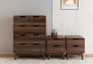 Wooden dresser and nightstands against a neutral wall with a small plant on one of the nightstands.