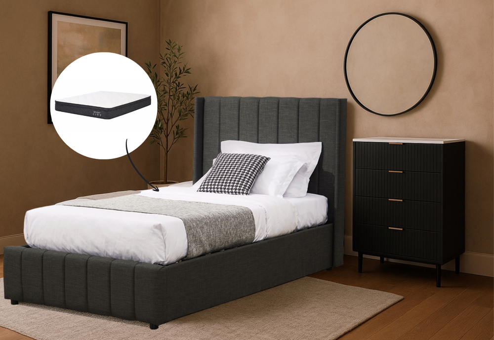 Chloe King Single Gas Lift Storage Bed & Harbour City King Single Mattress Bundle