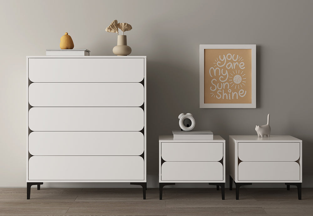 Elaine 5 Drawer Tall Chest & 2 Drawer Bedside - 3 Piece Bundle