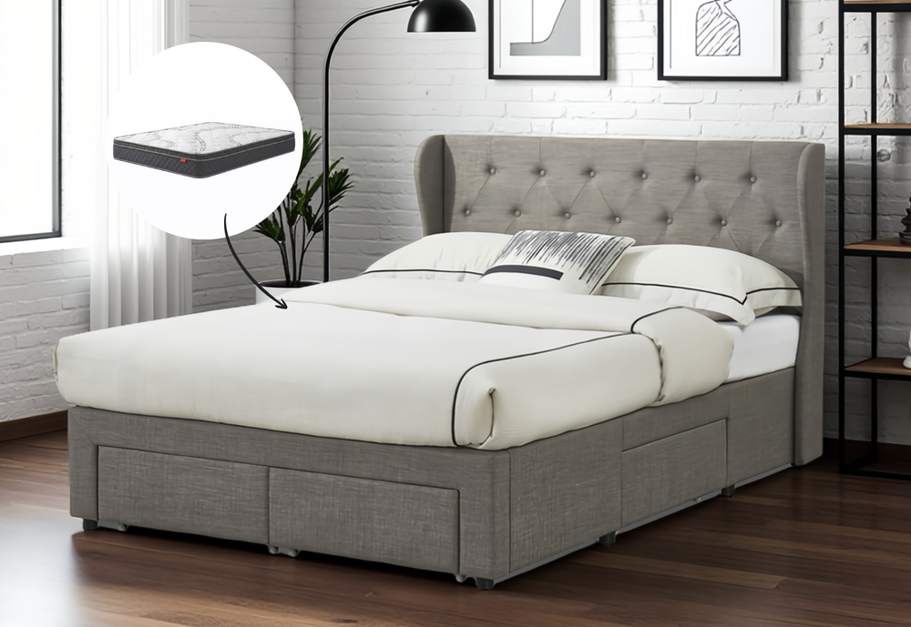 Hannah Double Bed with Storage Drawers & Harbour City Double Mattress Bundle