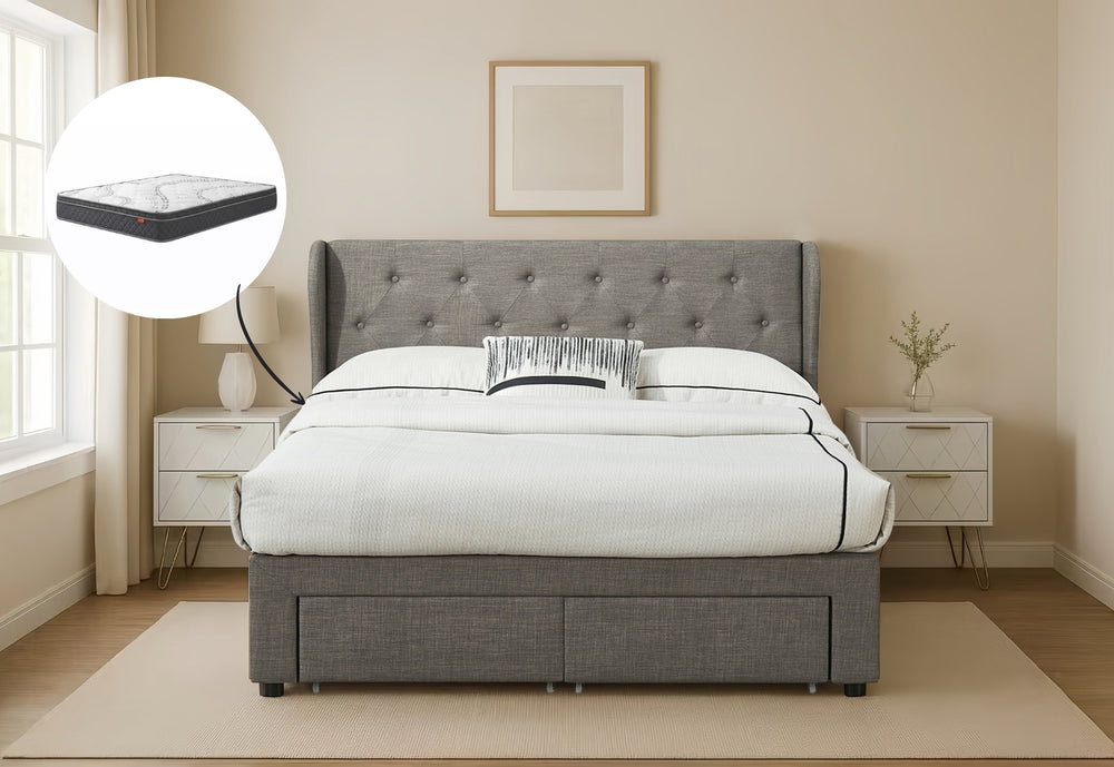Hannah Queen Bed with Storage Drawers & Harbour City Queen Mattress Bundle
