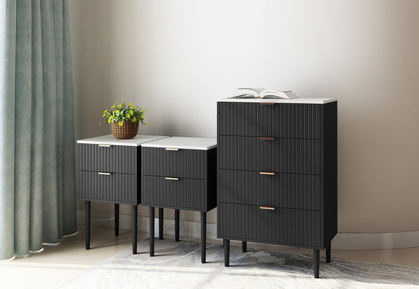 Mila 4 Drawer Tall Chest & 2 Drawer Bedside Tables (3 Piece Bundle)